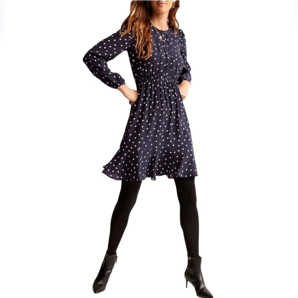Boden Navy Blue Polka Dot Pleated Bodice Mini Dress Size 8R